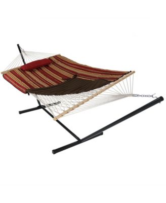 Cotton Rope Freestanding Hammock with Spreader Bar with Portable Steel Stand and Pad and Pillow Set - 12' Stand