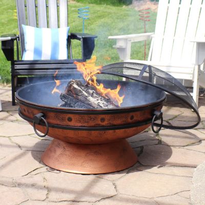 Outdoor Camping or Backyard Large Round Fire Pit Bowl with Handles and Spark Screen - 30" - Copper Finish