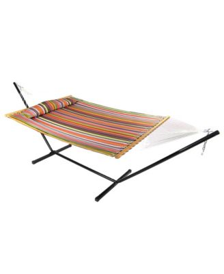 Outdoor 2-Person Quilted Fabric Hammock with Spreader Bars and Freestanding Stand