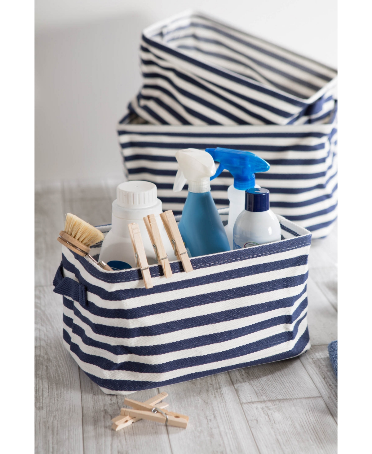 Design Imports Polyethylene Coated Herringbone Woven Cotton Laundry Bin Stripe French Rectangle Set of 3