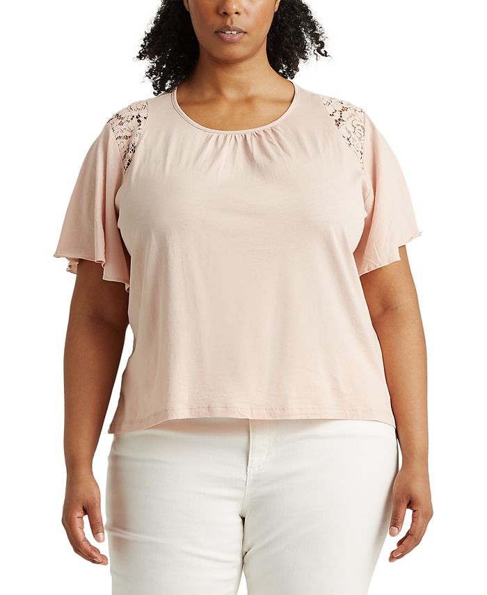 Lauren Ralph Lauren Plus-Size Lace-Trim Cotton Jersey Top & Reviews - Tops  - Plus Sizes - Macy's