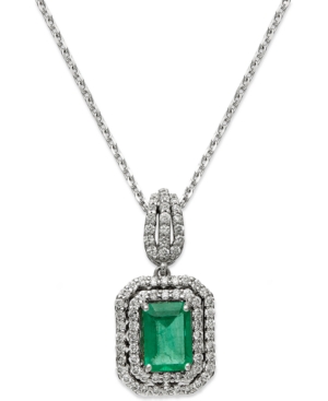 image of 14k White Gold Necklace, Emerald (1 ct. t.w.) and Diamond (3/8 ct. t.w.) Two-Row Pendant