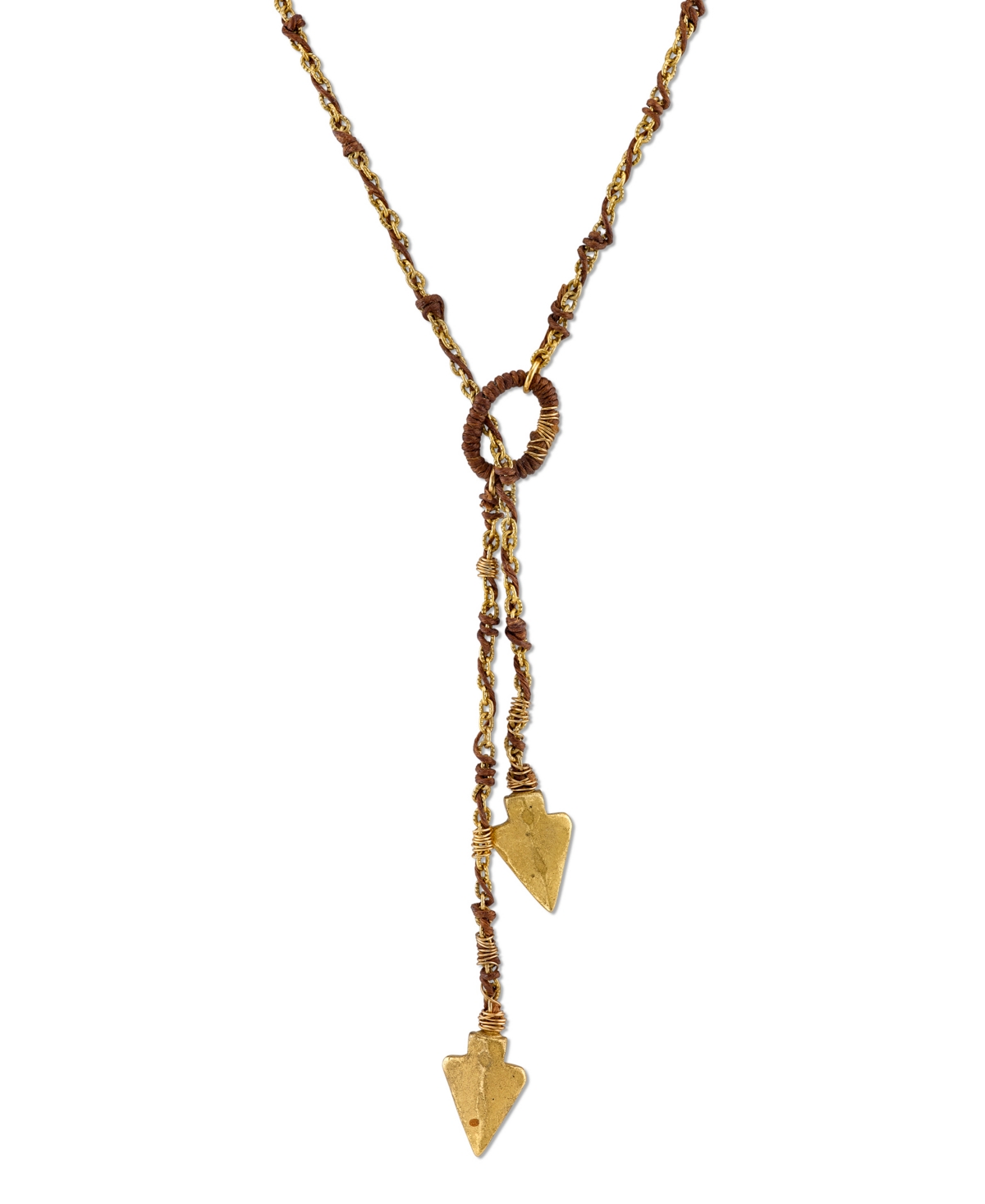 1928 T.r.u. By  Matte 14 K Gold Dipped Double Arrowhead Wrapped Lariat Necklace In Brown