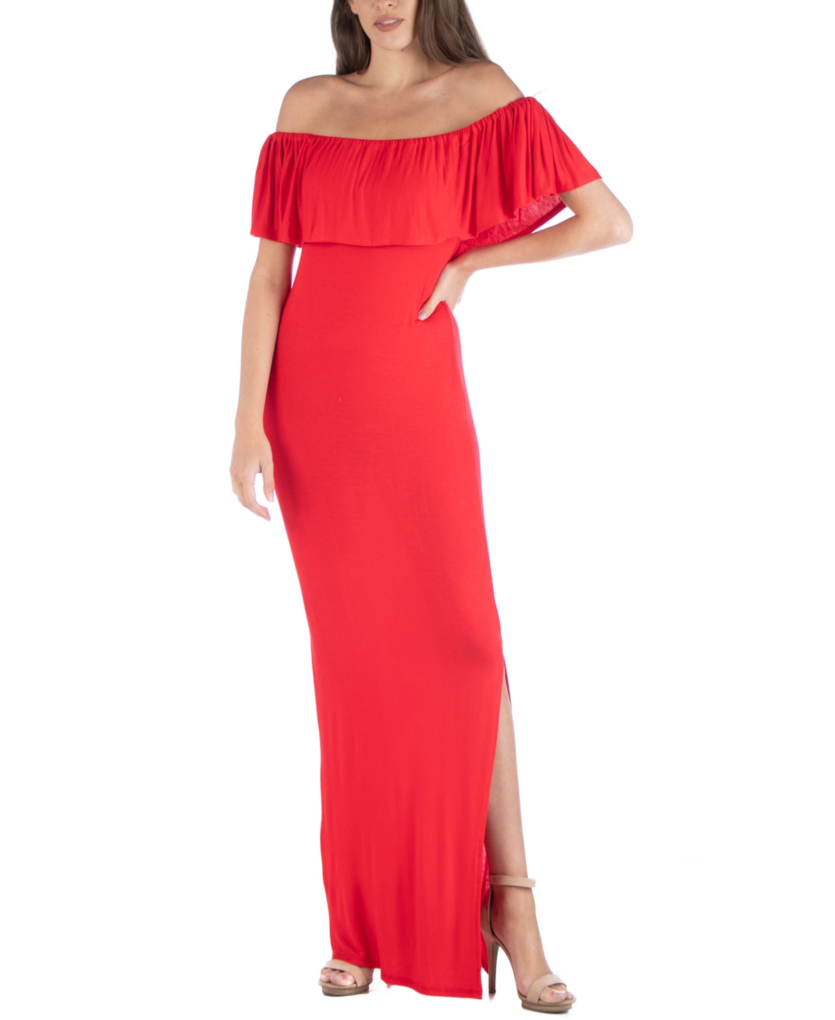 Off Shoulder Ruffle Detail Maxi Dress - Red