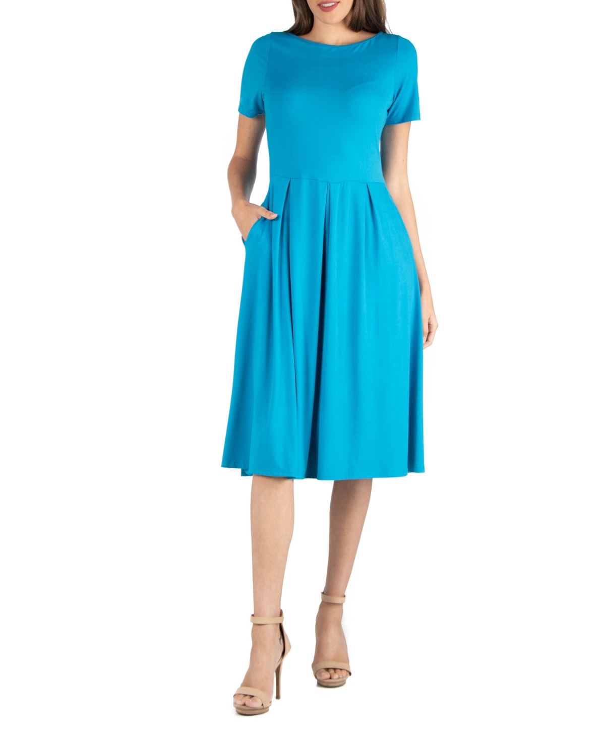 Midi Dress with Short Sleeves and Pocket Detail - Sapphire