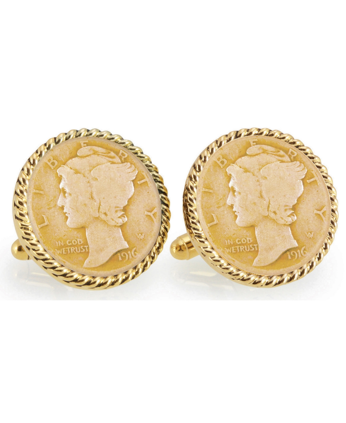 Gold-Layered Silver Mercury Dime Rope Bezel Coin Cuff Links - Gold