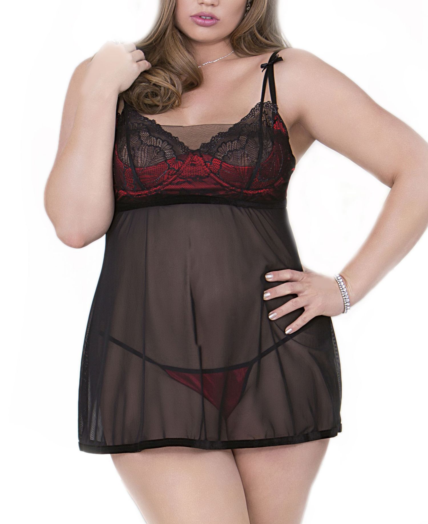 Women's Adorable Mesh Overlay Babydoll 2-Piece Lingerie Set