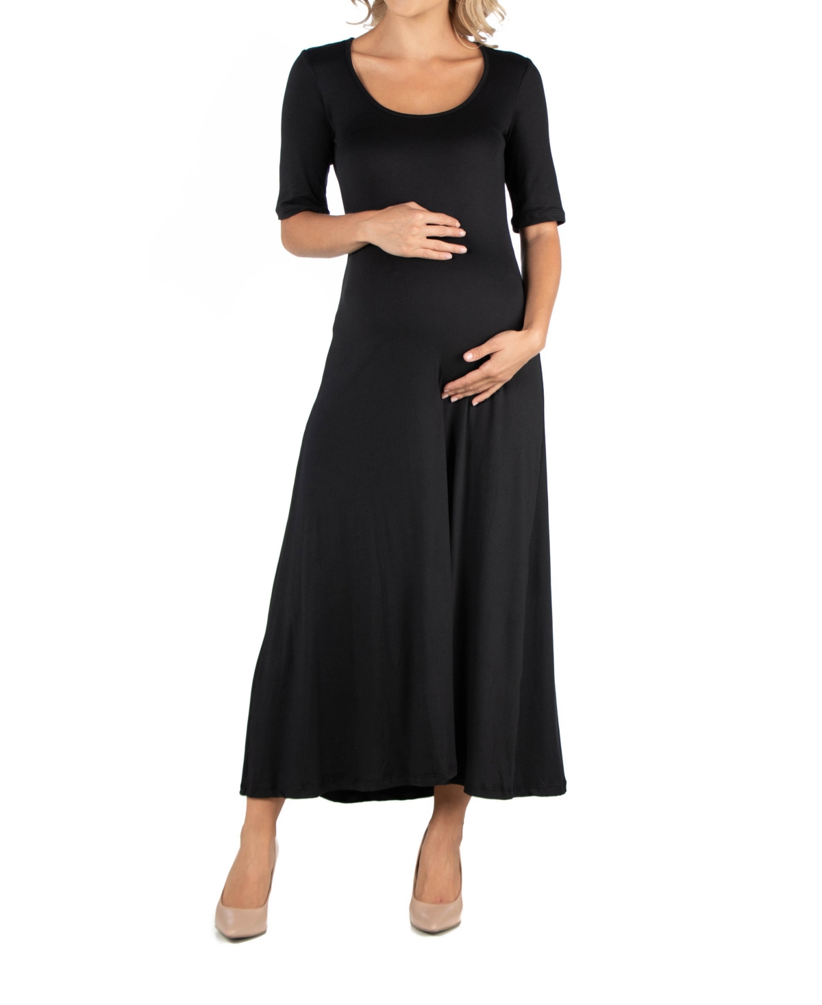 Casual Maternity Maxi Dress with Sleeves - Navy