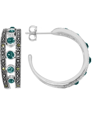 image of Swarovski Marcasite & Simulated Turquoise Small Hoop Earrings in Fine Silver-Plate, 1
