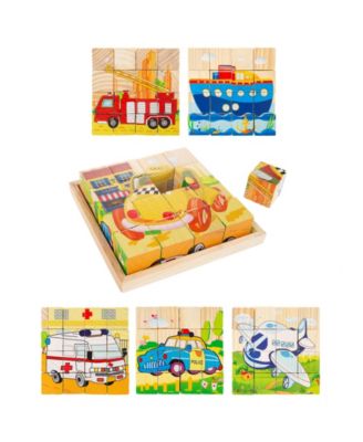 Hey Play Vehicle Block Puzzle - 6-In-1 Set Of Patterns On 16 Wood Cubes In A Storage Tray