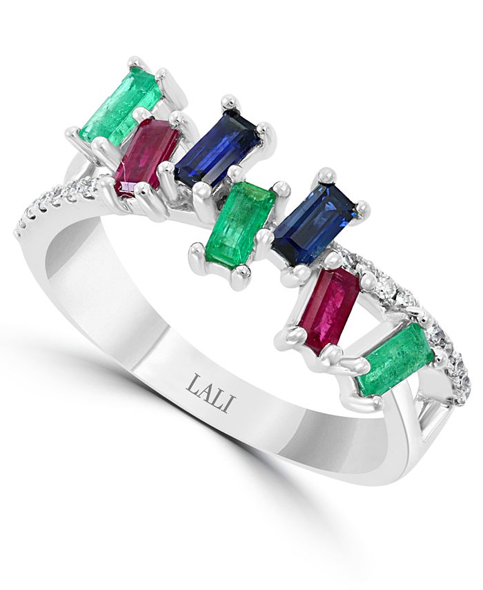 LALI Jewels - Multi-Gemstone (3/4 ct. t.w.) & Diamond (1/10 ct. t.w.) Baguette Scattered Cluster Ring in 14k White Gold