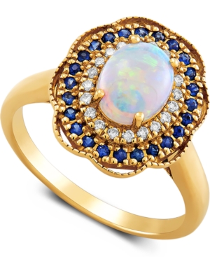 image of Multi-Gemstone (1-1/5 ct. t.w.) & Diamond (1/10 ct. t.w.) Halo Ring in 14k Gold