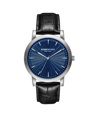 Kenneth Cole New York - Men's 3 Hands Slim Silver-tone Stainless Steel Watch on Black Genuine Leather Strap, 44mm