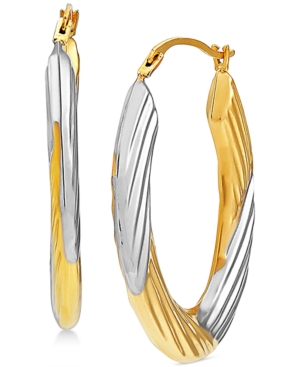 image of Two-Tone Textured Oval Hoop Earrings in 14k Gold & 14k White Gold