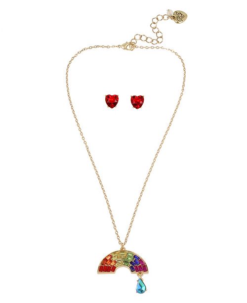 Betsey Johnson Rainbow Pendant Necklace Stud Earrings Set In Gold