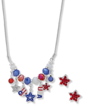image of Anne Klein Silver-Tone Multicolor Pave Star Red, White & Blue Beaded Statement Necklace & Stud Earrings Set, Created for Macy-s