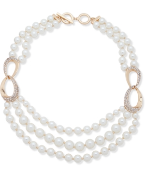 image of Anne Klein Gold-Tone Pave Link & Imitation Pearl 17