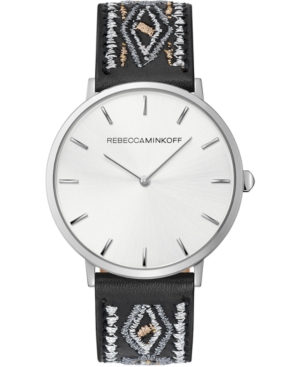 image of Rebecca Minkoff Women-s Major Black Embroidered Leather Strap Watch 40mm