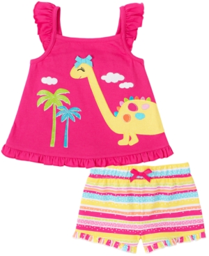 Kids Headquarters Toddler Girls 2-Pc Dinosaur Tank Top & Striped Shorts Set
