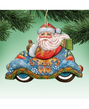 Designocracy Car Ride Santa Wooden Christmas Ornament Set of 2