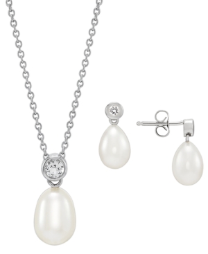 image of Cultured Freshwater Pearl (7-1/2mm) & White Topaz (5/8 ct. t.w.) Drop Earrings and Necklace Set in Sterling Silver