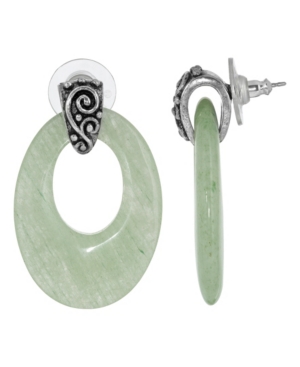 image of 2028 Pewter Semi Precious Oval Aventurine Hoop Earrings