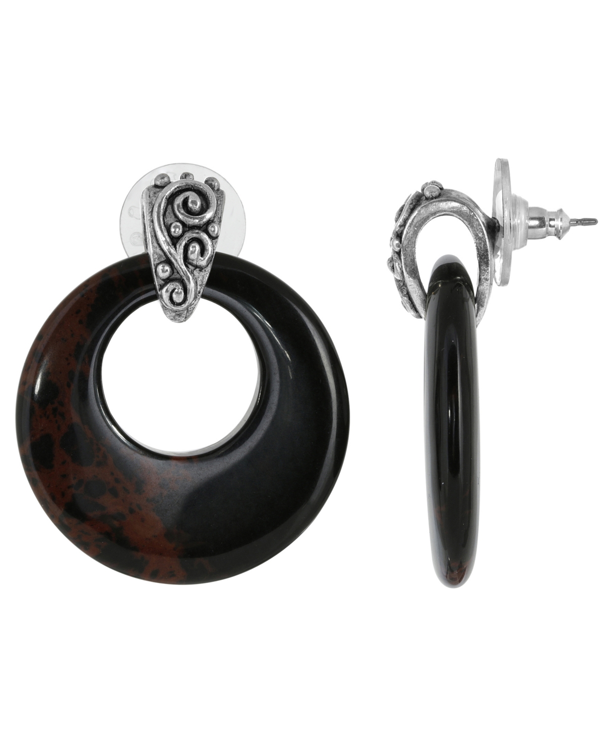 Pewter Semi Precious Round Obsidian Hoop Earrings - Brown