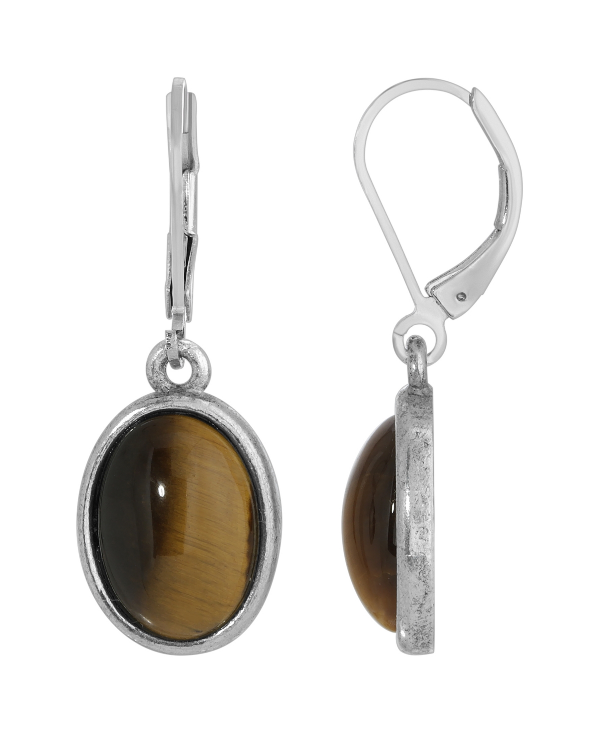 2028 Silver-tone Semi Precious Tiger Eye Oval Drop Earrings In Brown