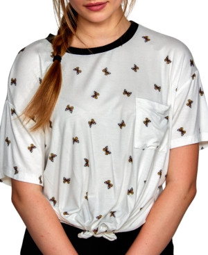 image of Self Esteem Juniors- Butterfly-Print Tie-Hem Ringer Top