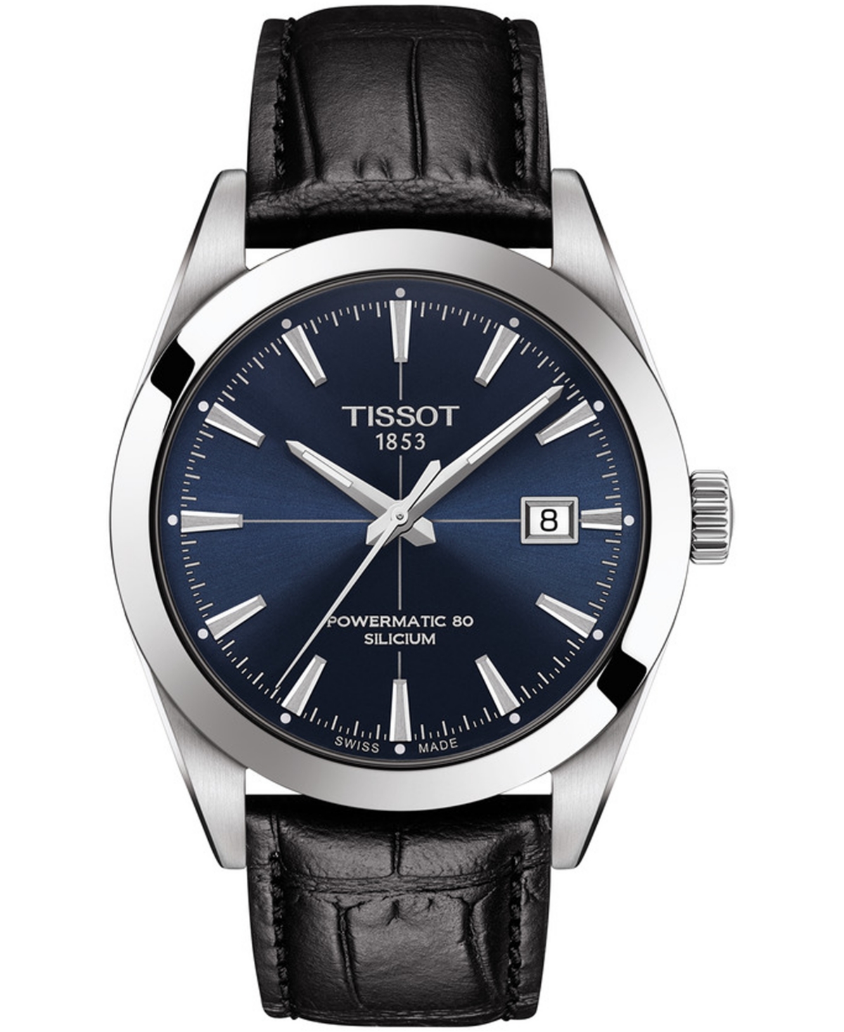 Tissot Men's Swiss Automatic Powermatic 80 Silicium Black Leather Strap Watch 40mm In Blue