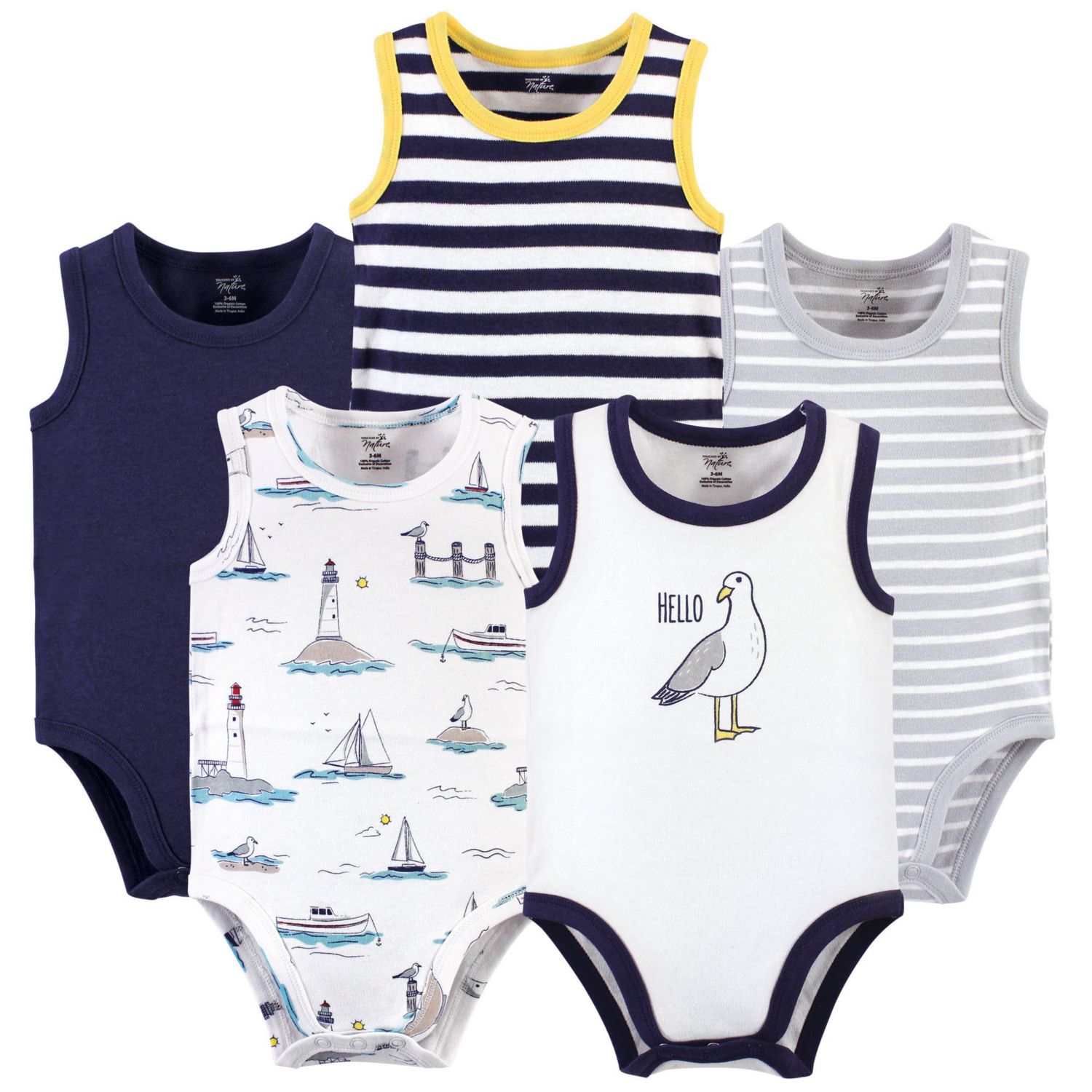 Baby Boys Five-Piece Natural Cotton Sleeveless Onesies