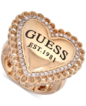image of Guess Gold-Tone Pave Logo Heart Stretch Ring