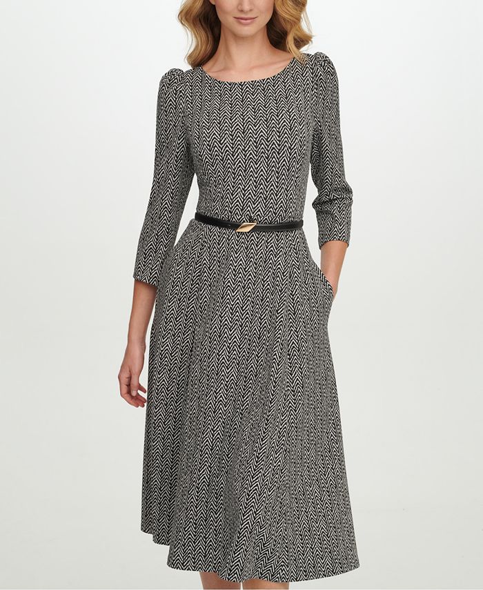 Calvin Klein Printed Belted Dress & Reviews - Dresses - Women - Macy's