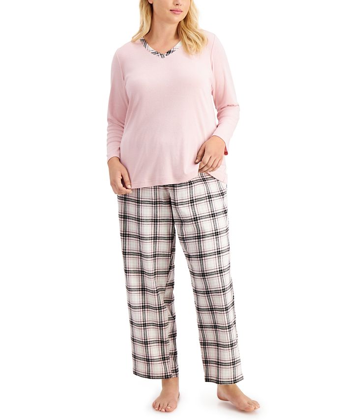 Charter Club Plus Size Mixit Flannel Pants Pajama Set, Created for Macy's -  Macy's
