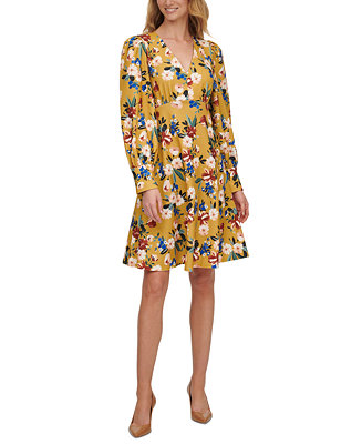Calvin Klein Balloon-Sleeve Floral-Print Dress - Macy's