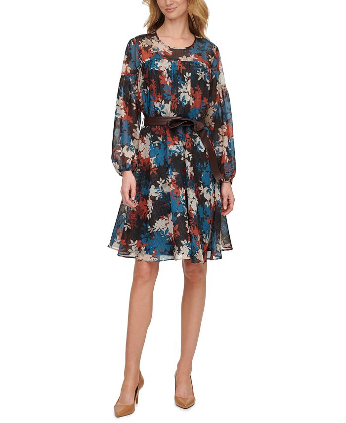 Calvin Klein Floral-Print Belted A-Line Dress - Macy's