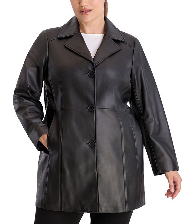 Anne Klein Plus Size Button-Up Leather Jacket & Reviews - Coats - Plus ...