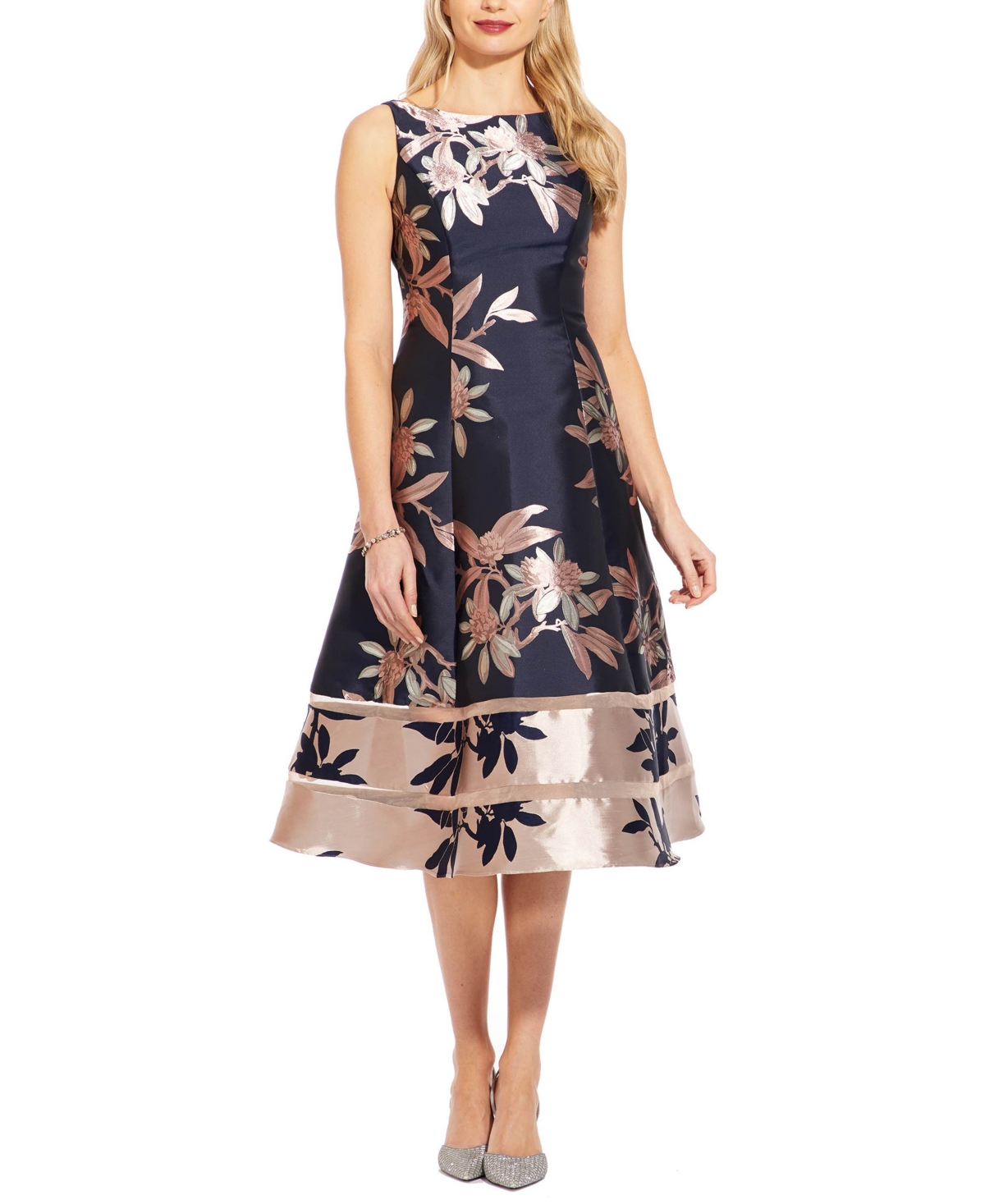 Shop Adrianna Papell Jacquard A-line Dress In Navy,blush