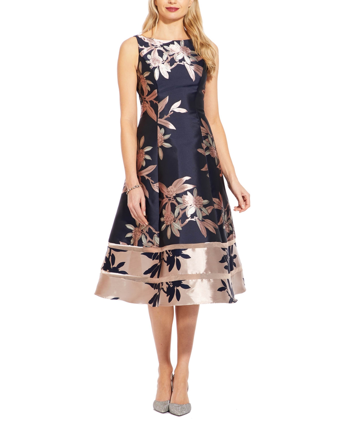 Adrianna Papell Womens Metallic Print Midi Fit & Flare Dress In Navy,blush