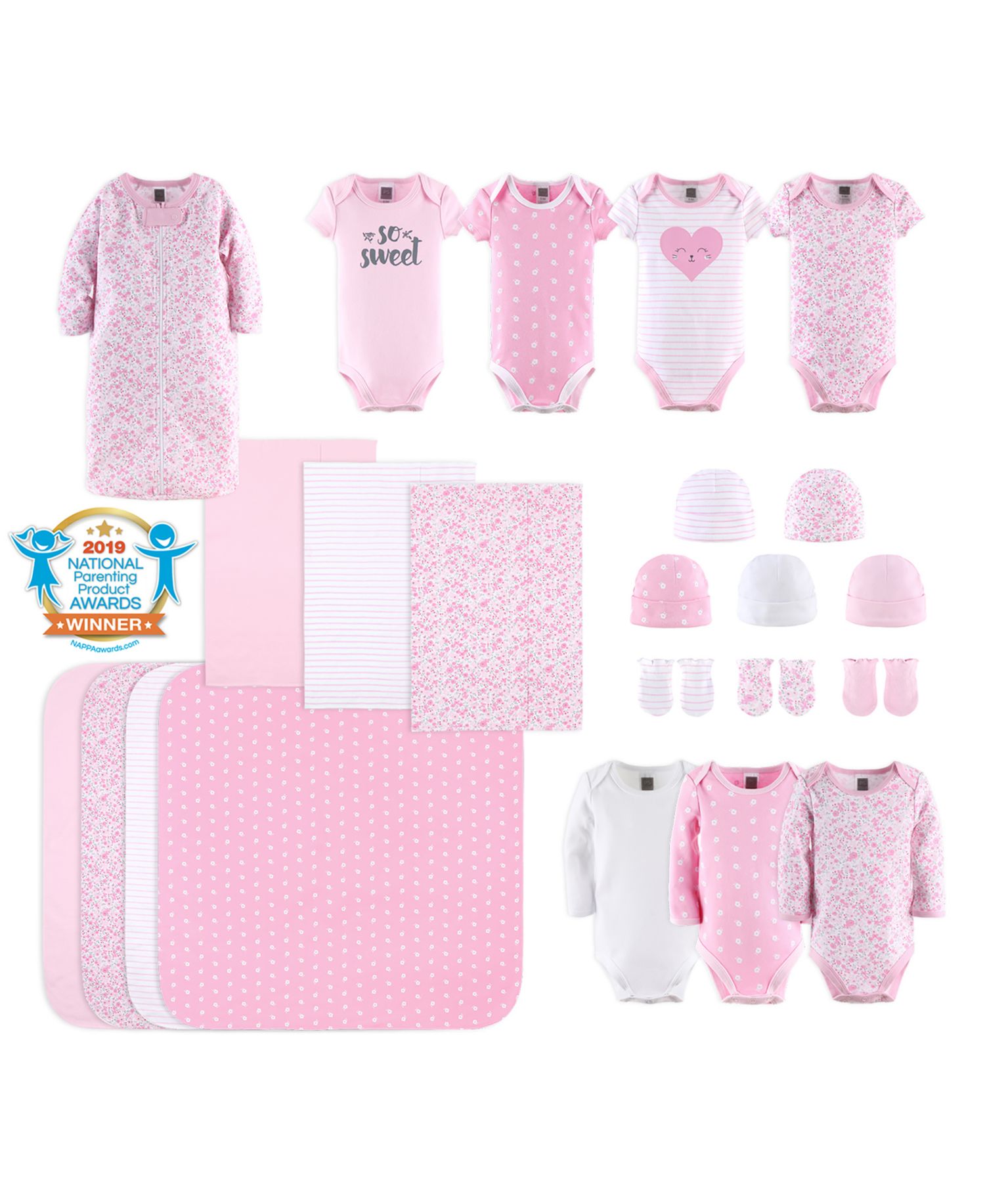 Baby Girls Newborn Layette Gift Set for Girls, Shower Gift Essentials, Pink, White