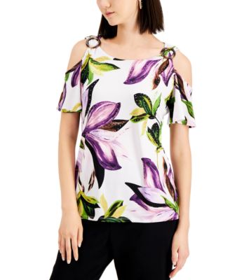 JM Collection - Petite Printed Cold-Shoulder Top