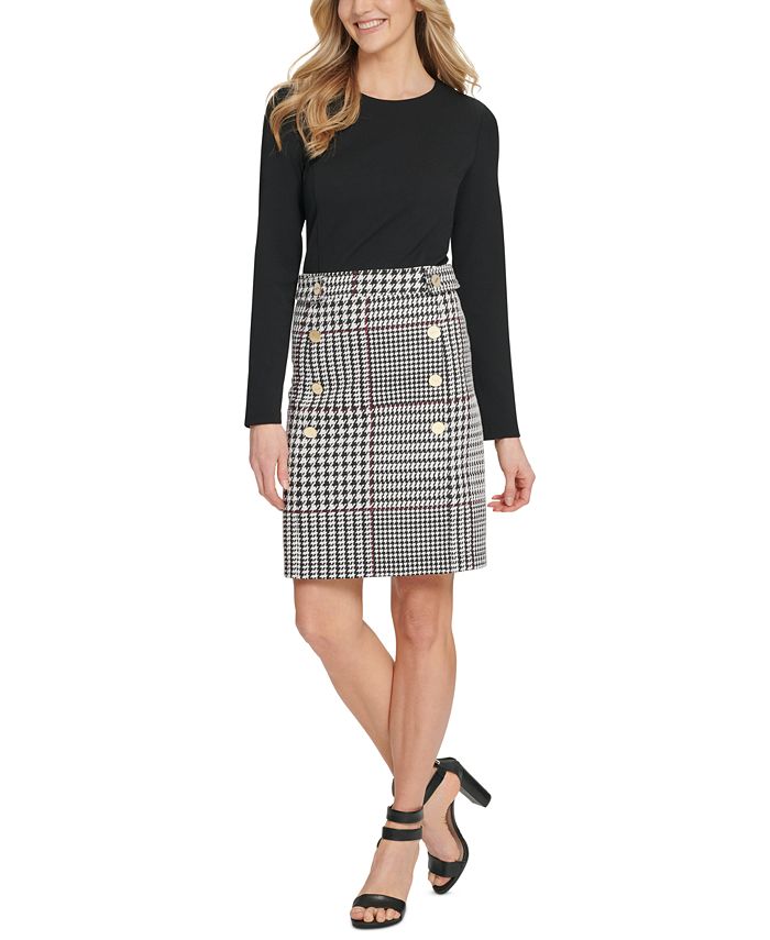 DKNY Button-Trim Plaid-Skirt Dress - Macy's