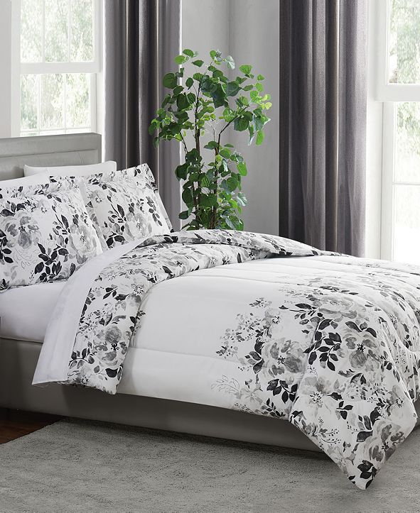 Pem America Black and White 3-Pc. Floral-Print Full/Queen Comforter Set ...