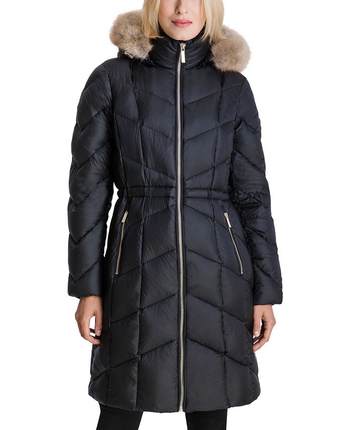 Michael Kors Petite High-Shine Faux-Fur Trim Hooded Down Puffer Coat ...