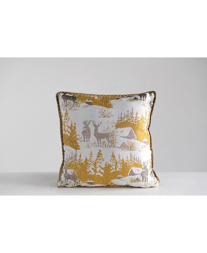 CREATIVE COOP INC Winter Scene Square Woven Pillow with Deer Image, 18