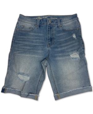 image of Vanilla Star Juniors- High Rise Distressed Cotton Denim Bermuda Shorts
