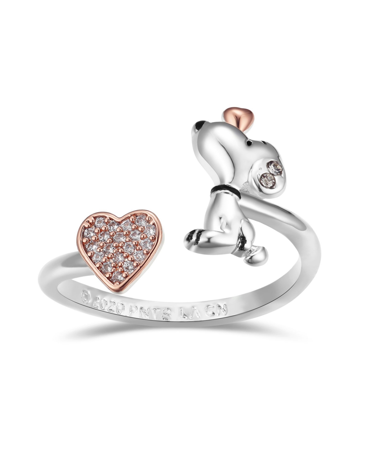 Snoopy and Pave Crystal Heart Bypass Ring - Two-Tone Rose Gold Plated