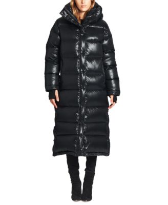 aqua glossy hooded long puffer coat