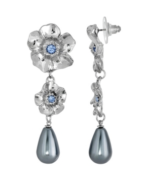 image of 2028 Silver-Tone Faux Gray Imitation Pearl with Light Sapphire Flower Linear Earrings