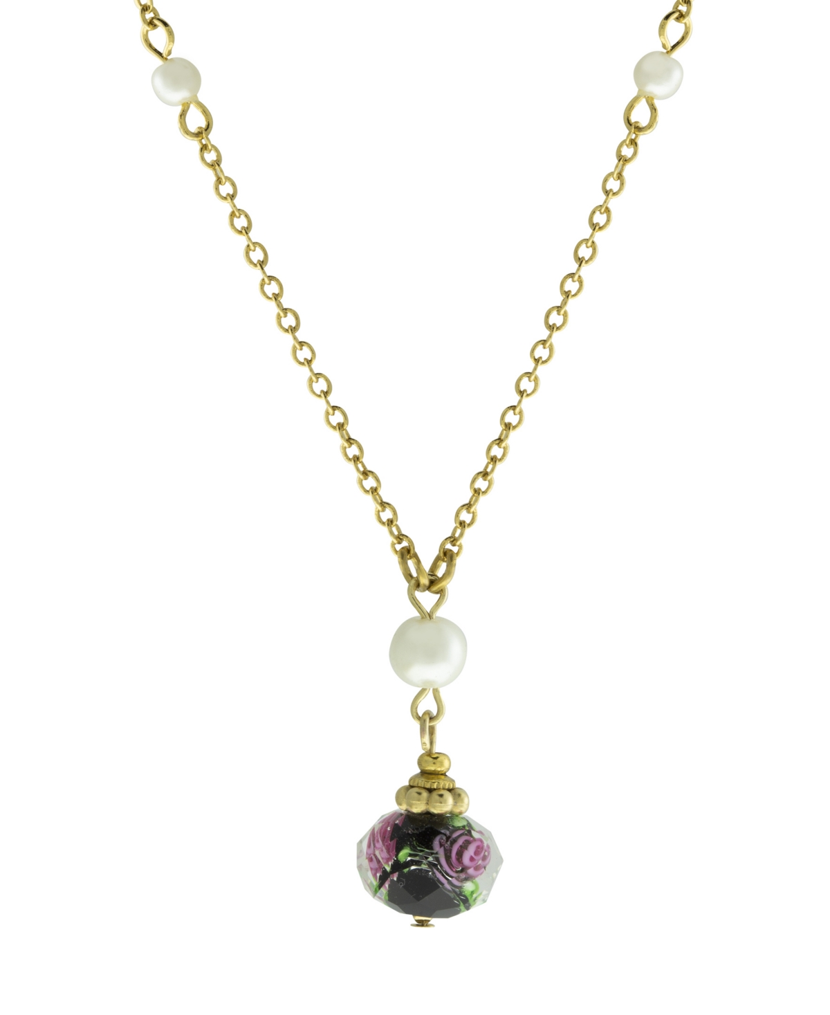 2028 Gold-tone Imitation Pearl And Black Floral Bead Drop 16" Adjustable Necklace In White